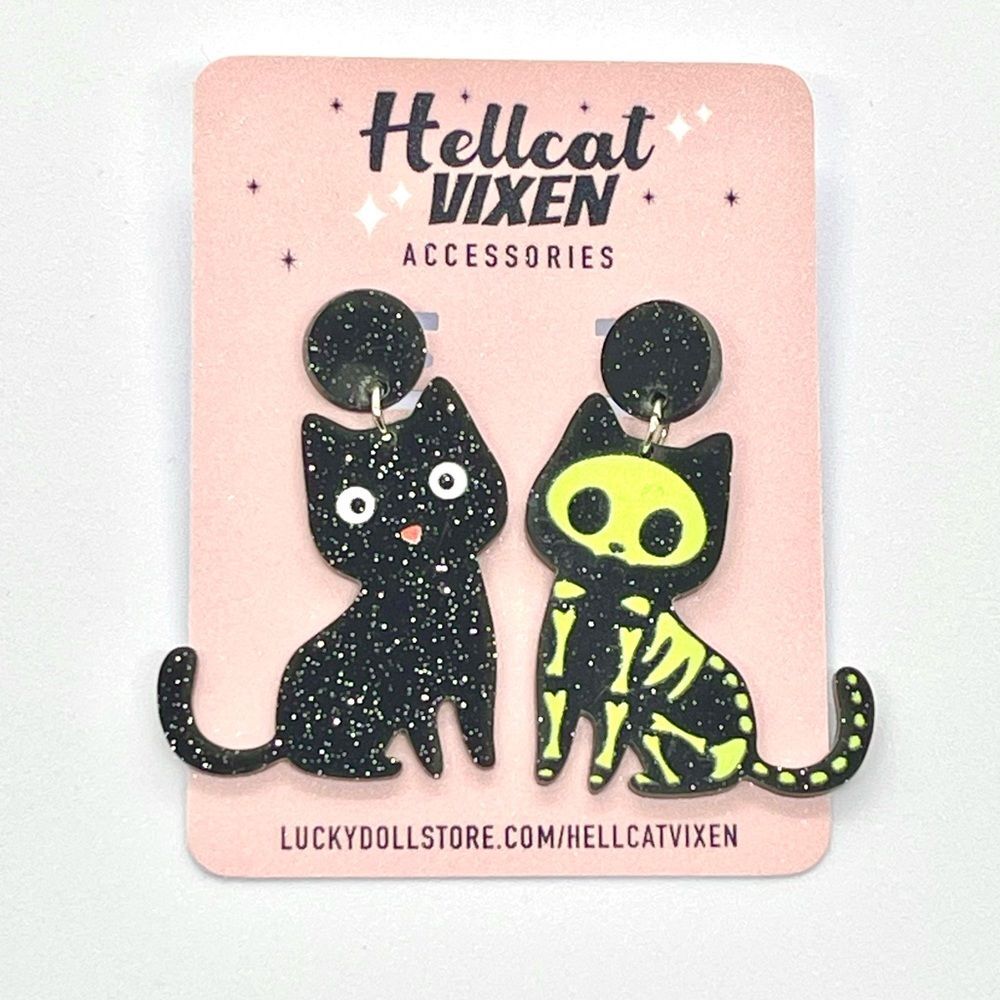 Retro Glitter Black and Green Skeleton Kitty Cat Acrylic Dangling Stud Earrings